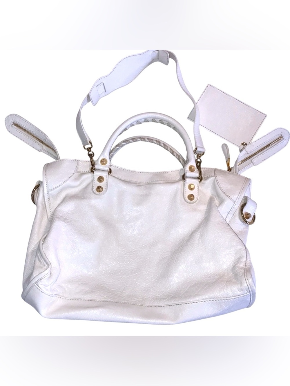 Auth Balenciaga White Ivory Claire medium City Shoulder Bag 12 Giant Gold rivets - Picture 3 of 6